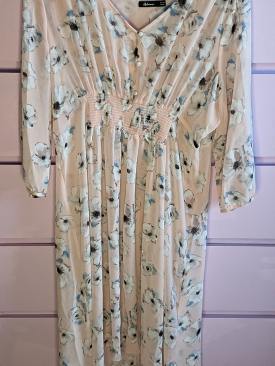 Reitmans Dresses & Skirts - Reitmans Cream Floral Maxi Dress with Blue Accents Semi Shear Front is Shorter